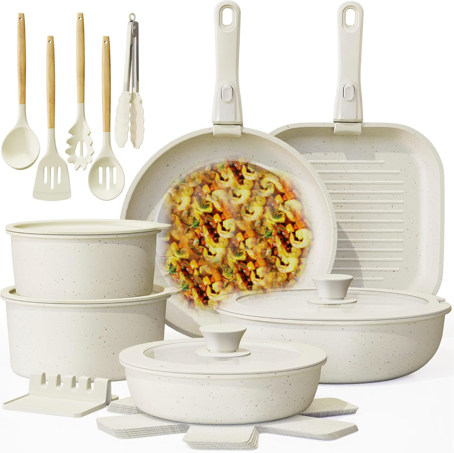 23 Pcs Pots and Pans Set Non Stick Ceramic Cookware Set Detachable Handle Healthy Non Stick for RV, Dishwasher ＆ Oven Safe Stackable Non-stick Set Cream White