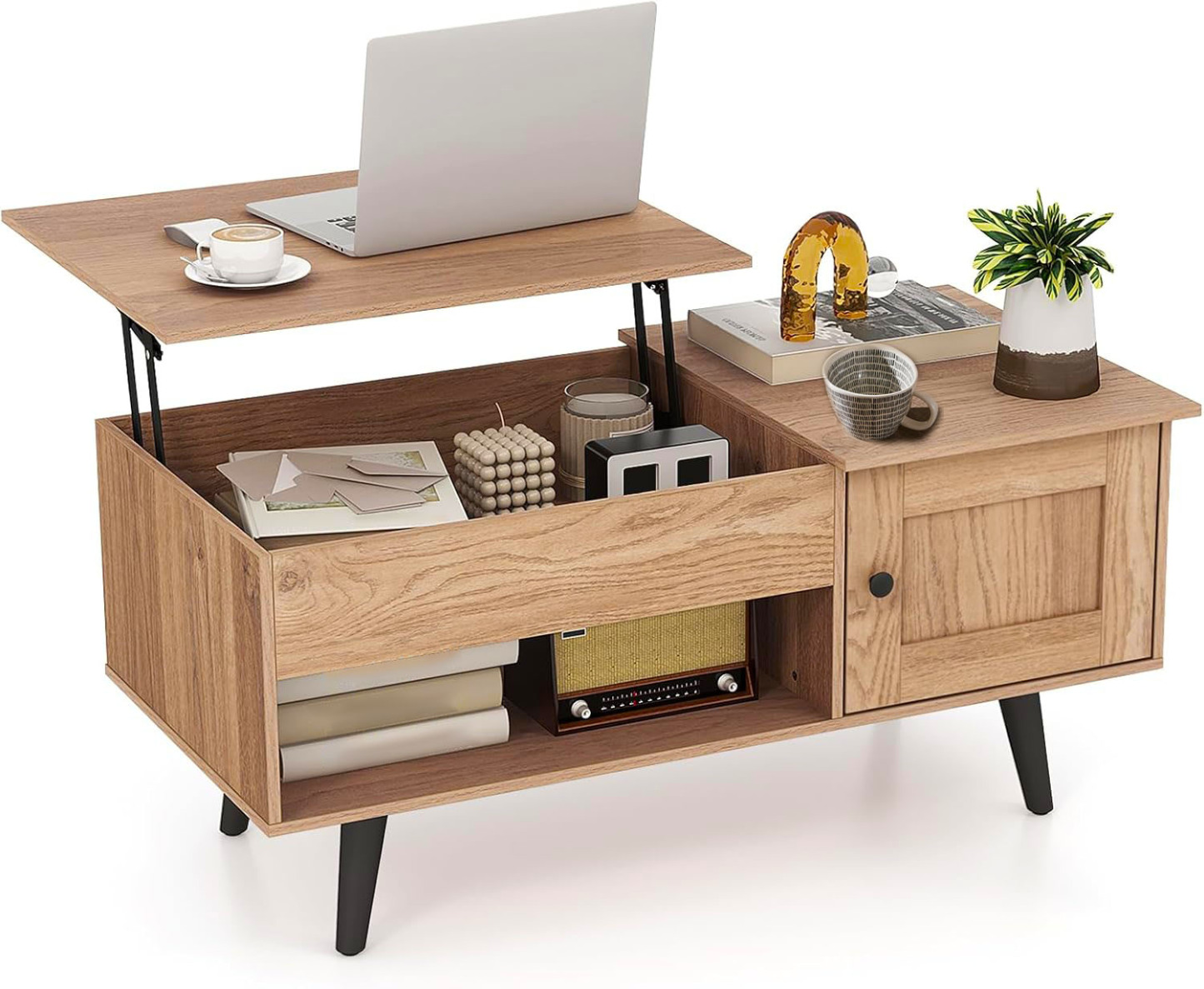 Lift Top Coffee Table with Storage Living Room Table with Hidden Compartment Cabinet & Open Shelf Flip Top Center Table, Pull up Coffee Table for Home, Office  Home Small Space Natural