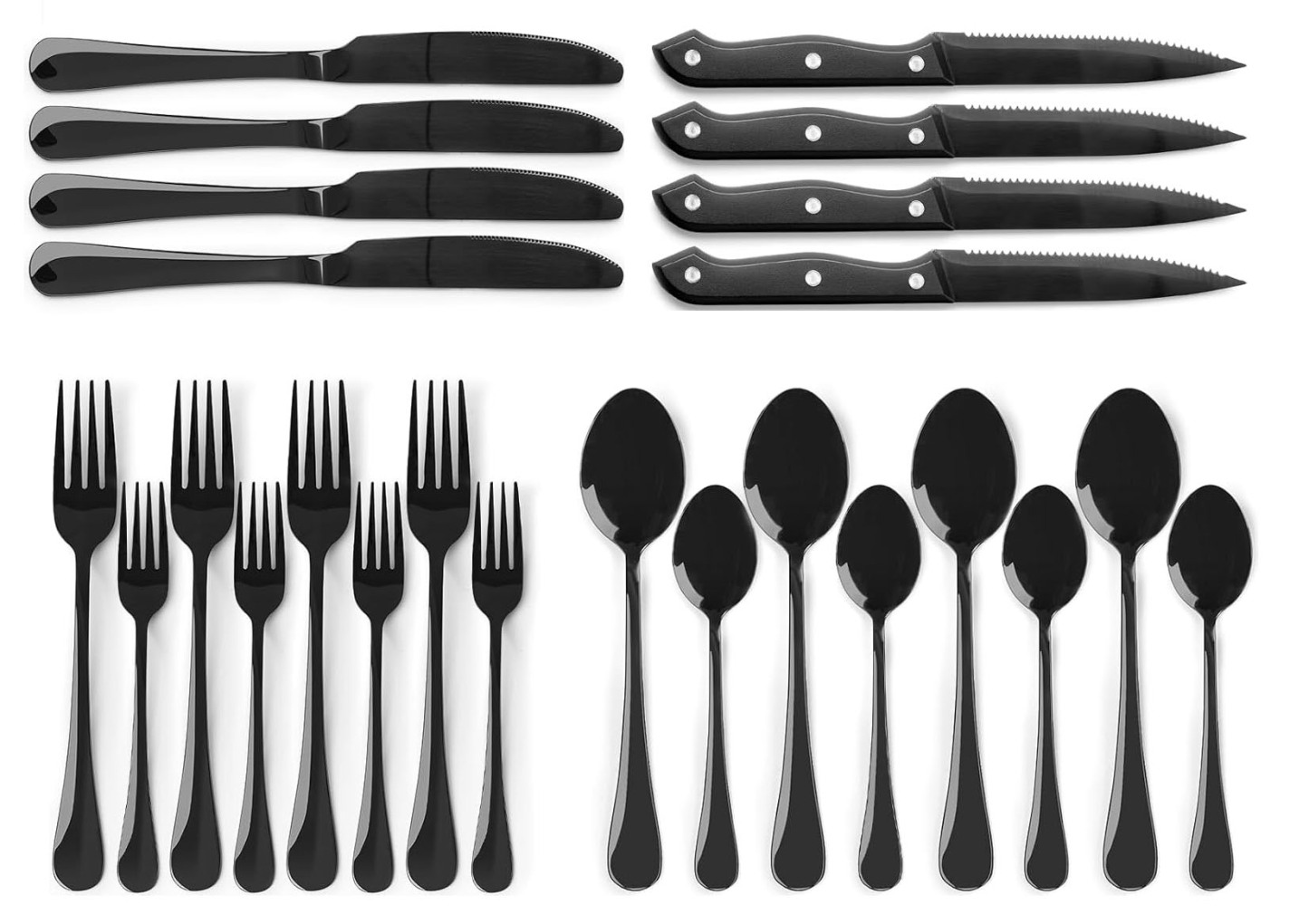 24-Piece Black Silverware Set with Steak Knives Flatware Set for 4 Food-Grade Stainless Steel Cutlery Set  Mirror Polished Utensils Set Kitchen Utensils Set Include Spoons and Forks for Home Kitchen Restaurant Utensils Set