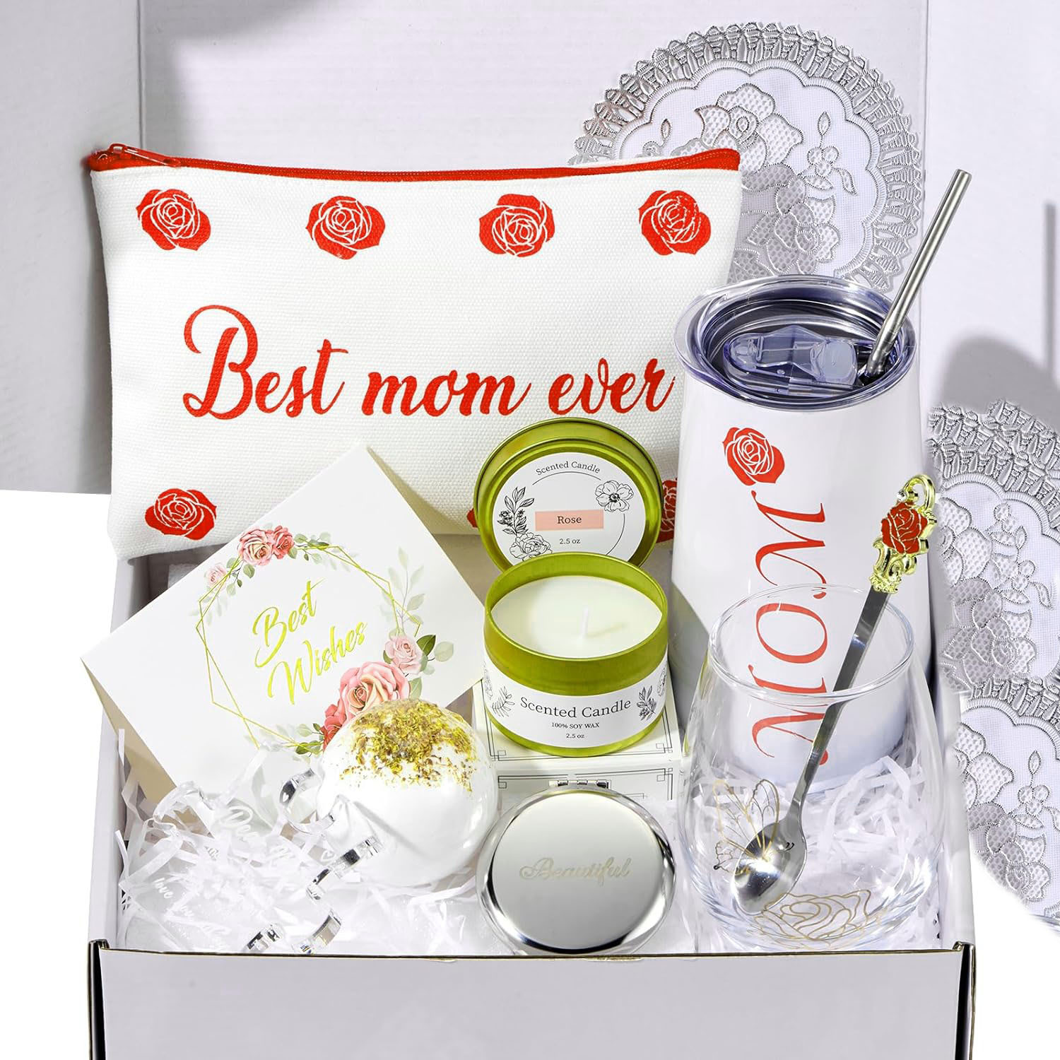 Mothers Day Gifts for Mom Elegant Rose Gift Basket for Women Unique Gifts for Mom from Daughter Son Husband Family Coffee Mug Glass Drinking Set Mother's Day Birthday