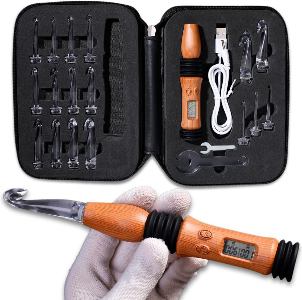 Vintage Counting Crochet Hook Set with Light & Counter Crochet Hook Set Ergonomic for Arthritic Hands Light up, Digital Stitch & Row Counter 17 Size Interchangeable Hooks Kit 