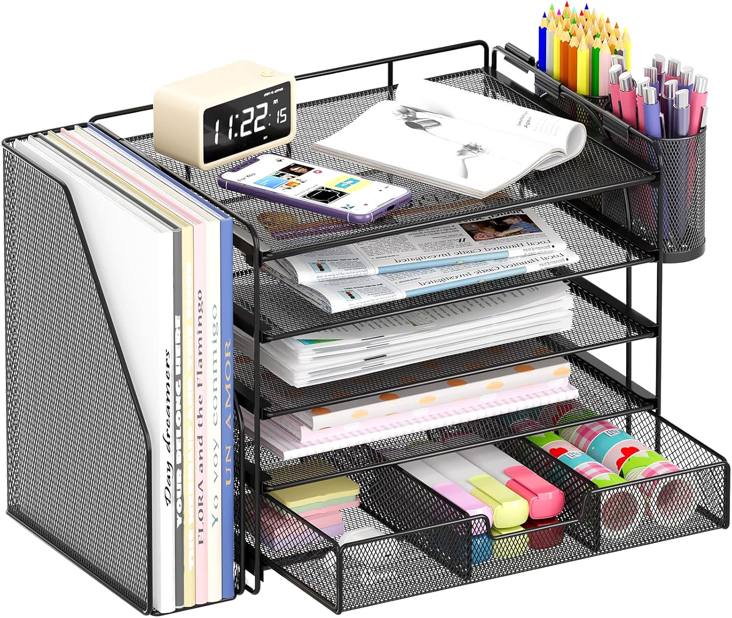 Desk Organizers and Accessories 5-Tier Paper File Organizer with Drawer & Pen Holder Simple Trending 5-Tier Desk File Organizer Office Desk Accessories  Workspace Desktop Organizer for Office Supplies