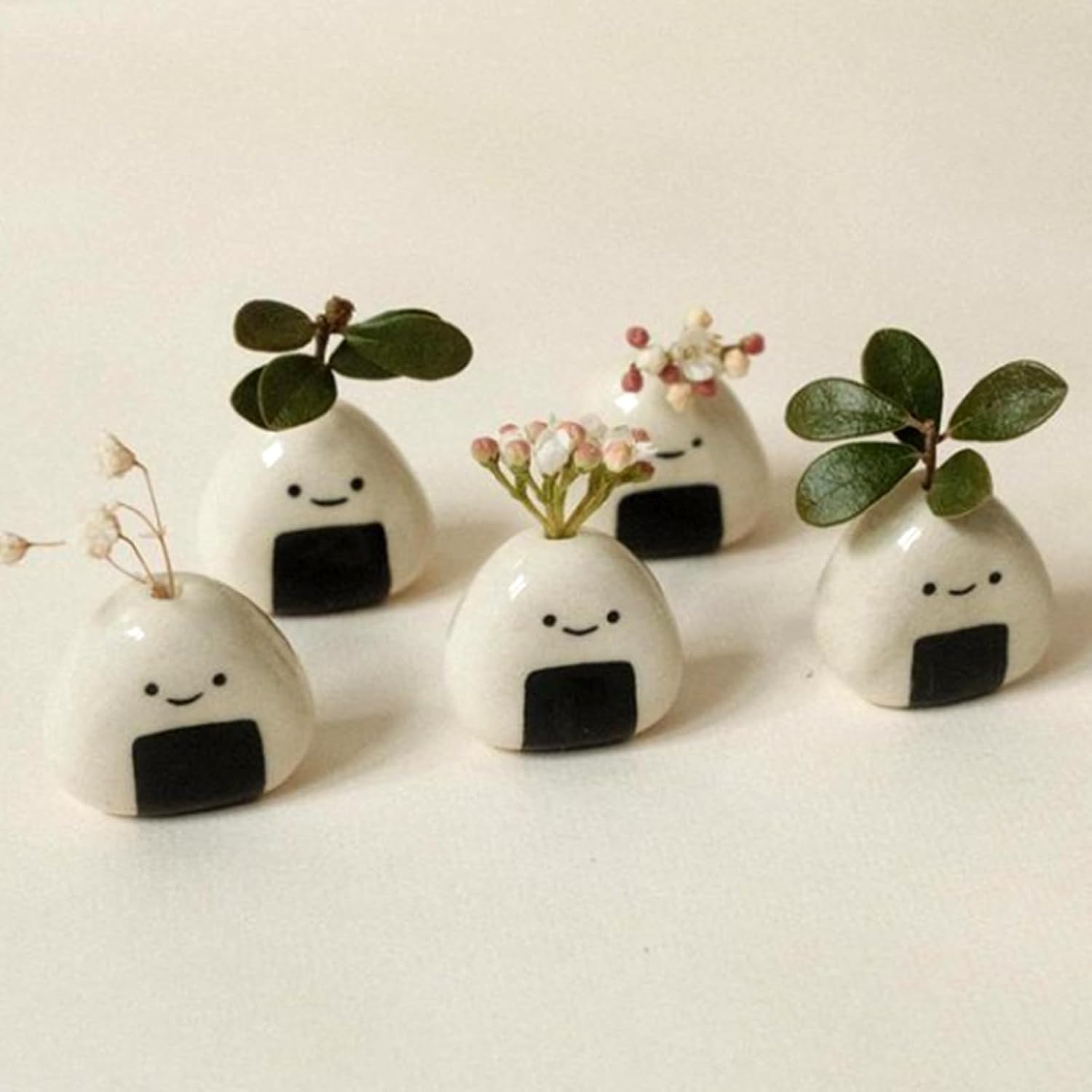 Mini Flower Vase Handmade Ceramic Rice Ball (Japanese Onigiri) Miniature Vases Charming and Cute Design Perfect for Dry Flowers - Bulk Bud Vases Unique and Adorable Japanese Craft