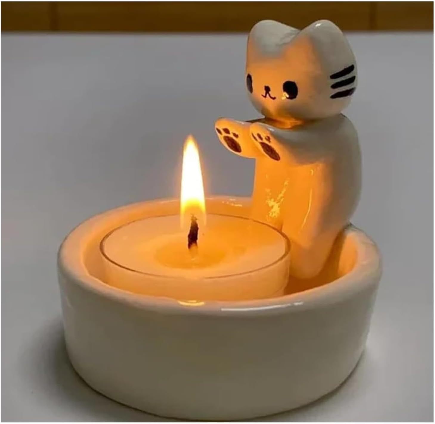 Kitten Candle Holder Handmade Ceramic Candlestick Cartoon Kitty Warming Its Paws Cute Light Holder Gift for Cat Lover Choice(Not Included Candles)