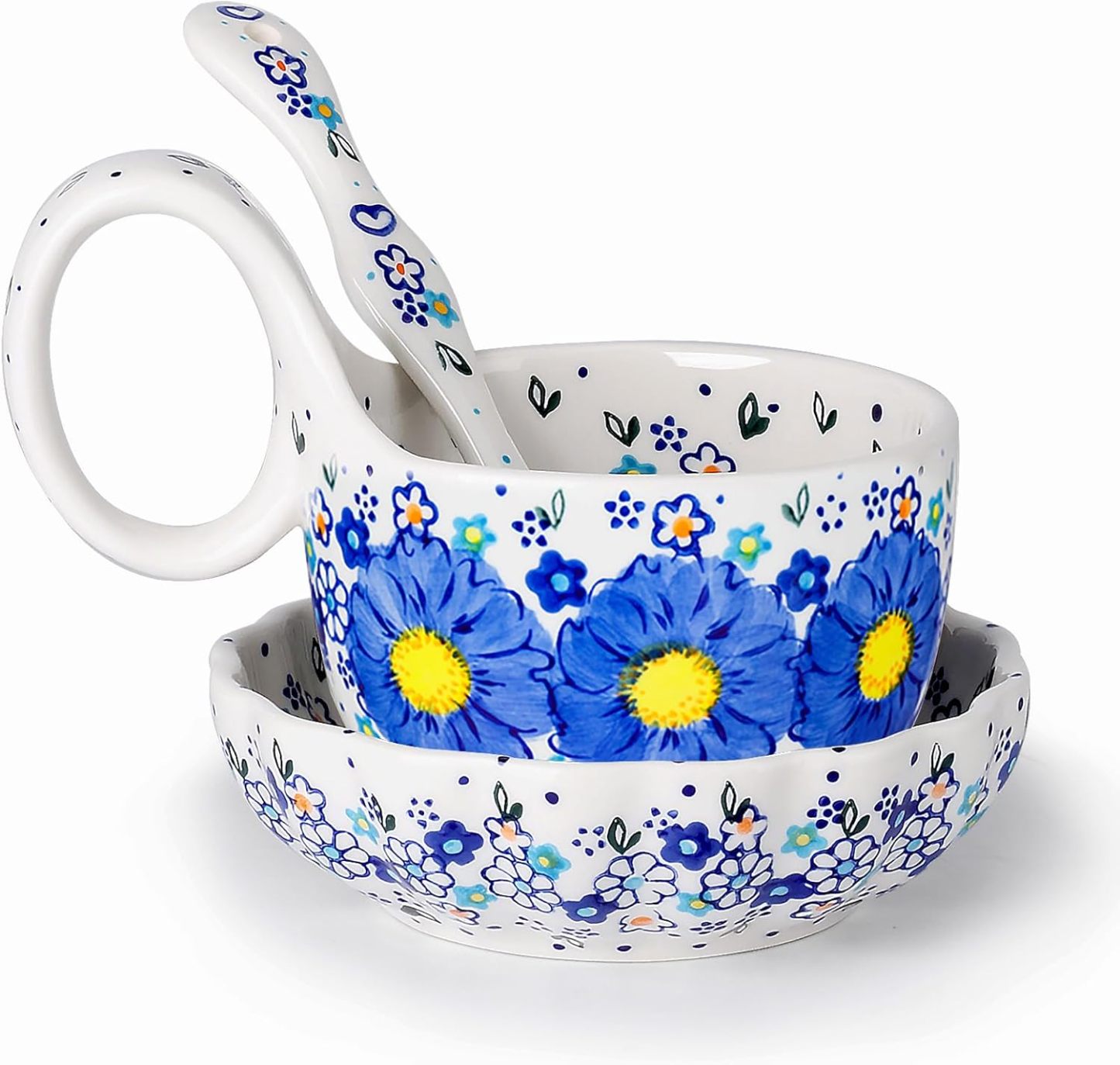 Handmade Loop Handle Soup Bowl, Plate and Spoon Set  Ceramic Hand Painted Cereal Bowl Great for Soup, Ice cream, Snack, Gift Box Dishwasher & Microwave Safe