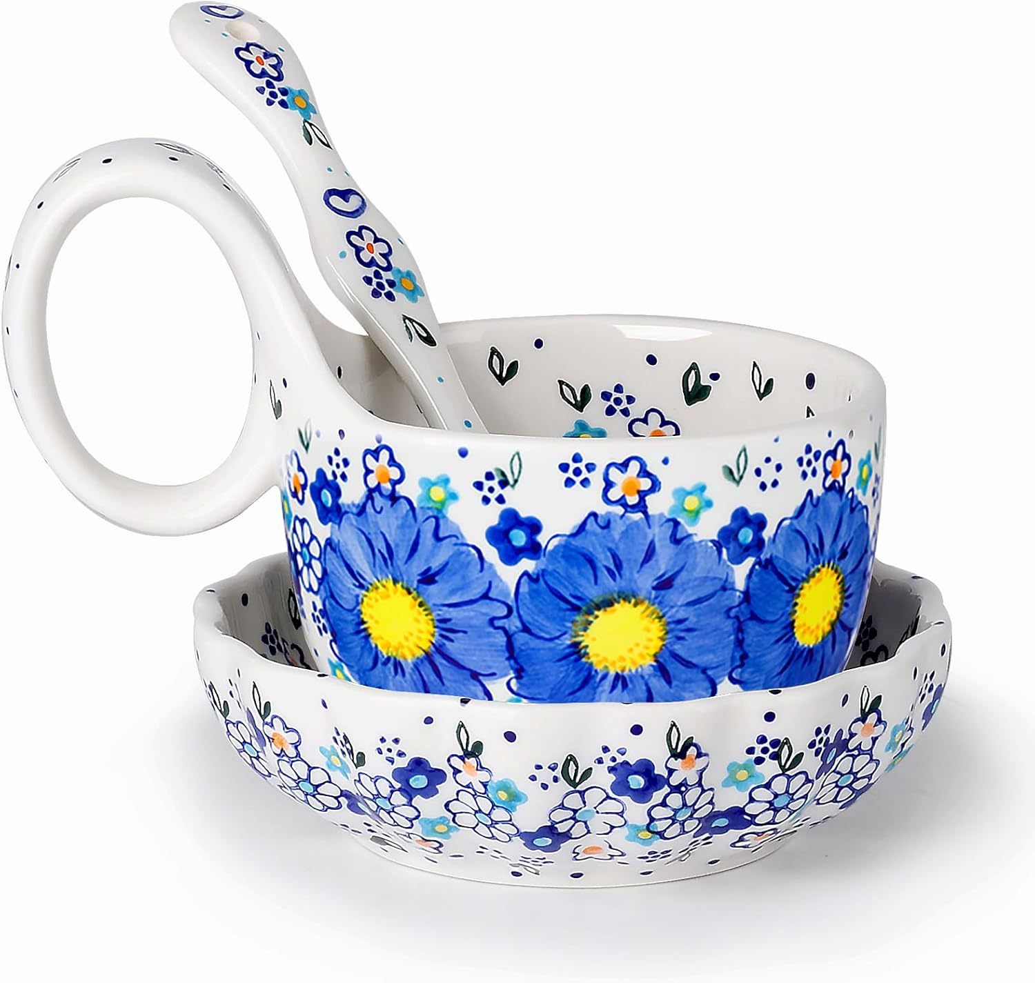 Handmade Loop Handle Soup Bowl, Plate and Spoon Set  Ceramic Hand Painted Cereal Bowl Great for Soup, Ice cream, Snack, Gift Box Dishwasher & Microwave Safe