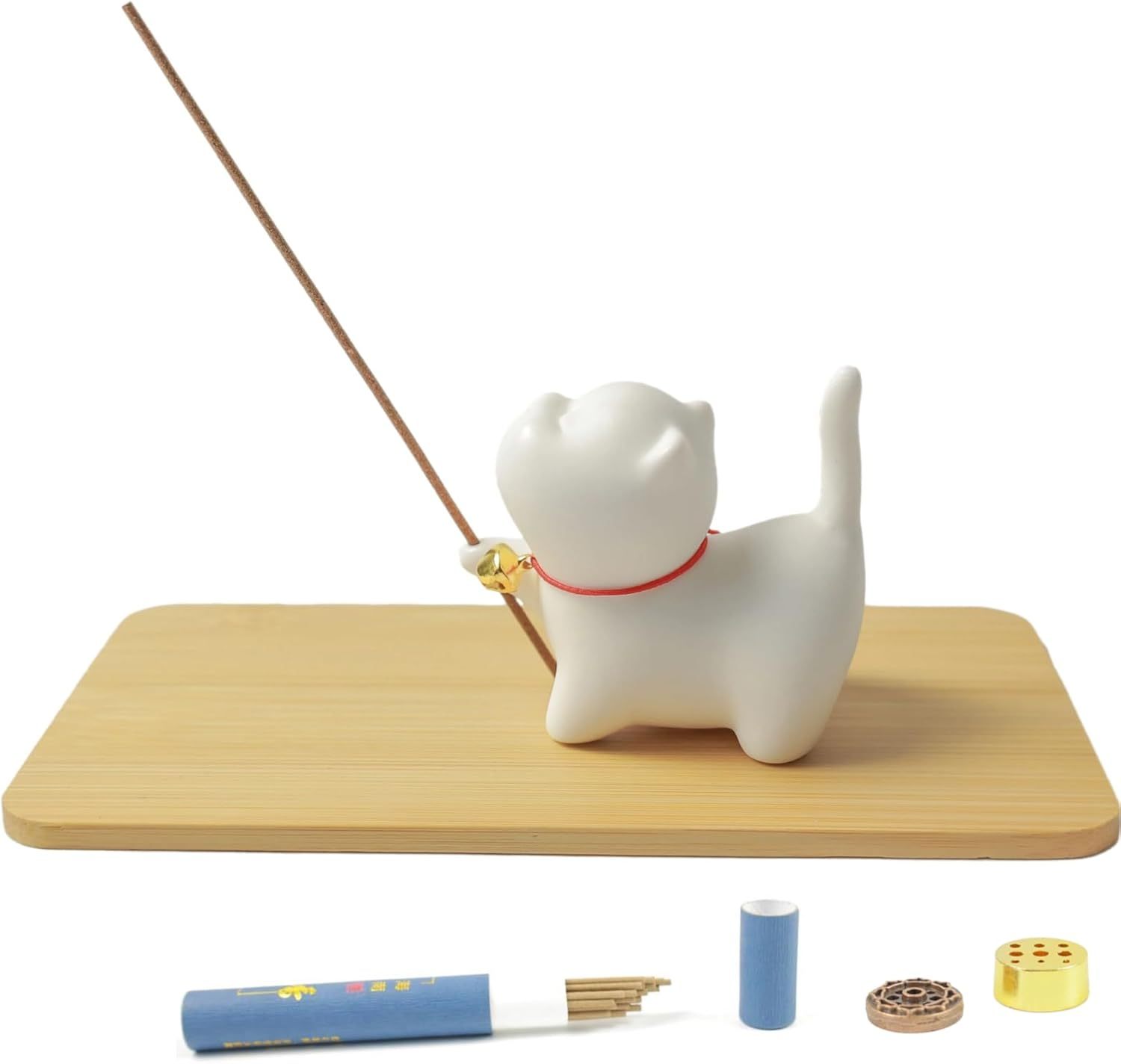 Incense Holder Handmade Ceramic Incense-Stick Holder with Sticks，Bamboo Mat and 2 Brass Incense Stands Cat Cute Insence Burner Holder for Meditation Yoga Massage Home Decor