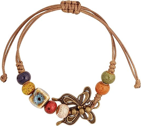 Ceramic Beads and Butterfly Charm Collection Bracelet Handmade Vintage Created Turquoise Beads Bohemian Jewelry for Women