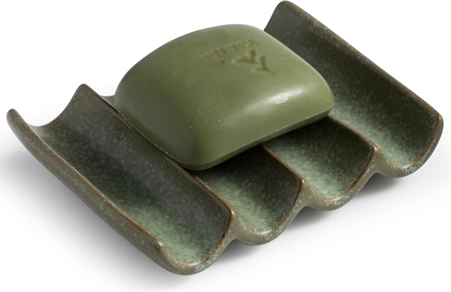 Draining Ceramic Soap Dish Fluted Design Bar Soap Holder for Shower & Bathroom Soap Saver Sponge Lift Green