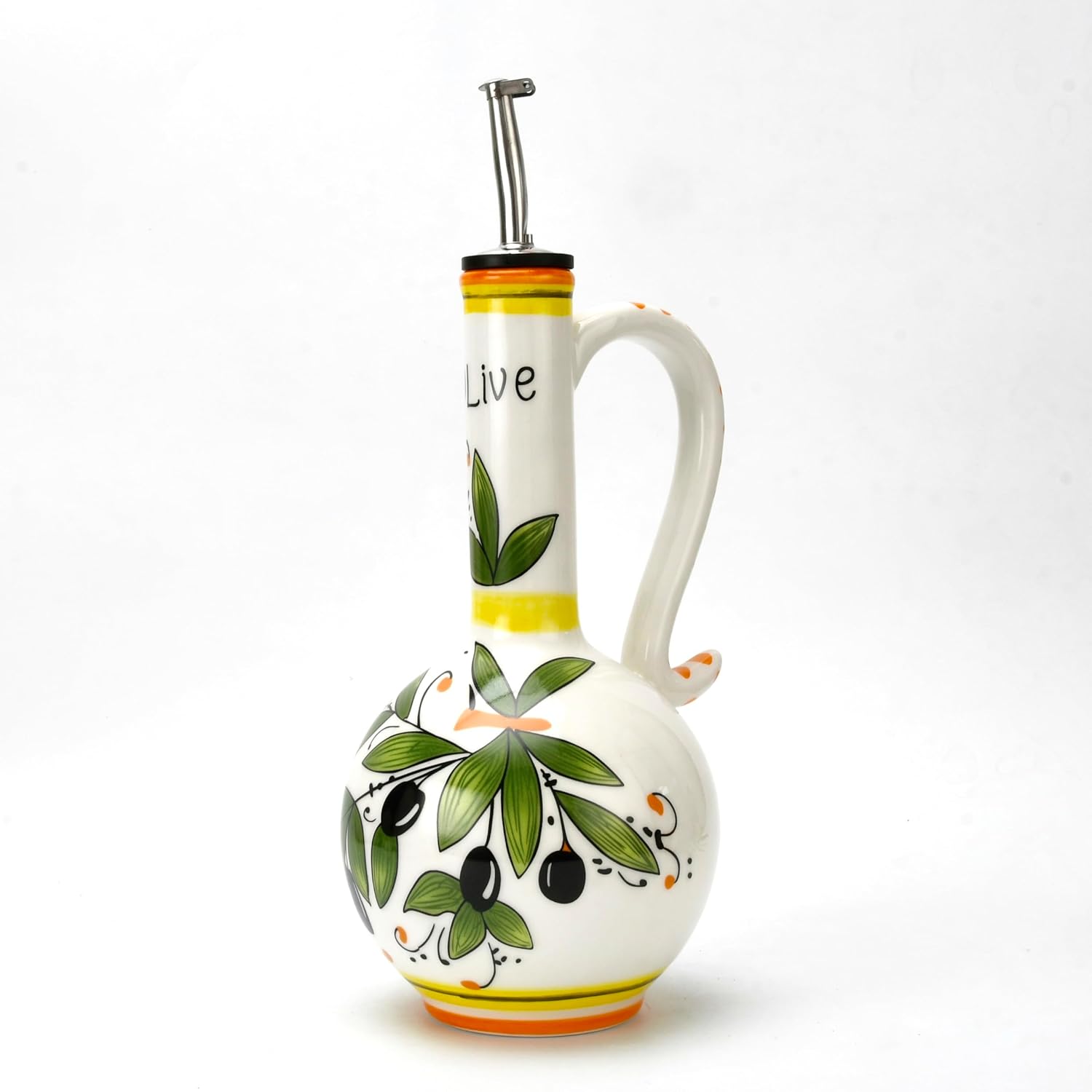Hand-Painted Ceramic Olive Oil Dispenser Bottle 15oz Decorative Stoneware Cruet with Stainless Steel Spout for Oil, Vinegar, Syrups, and Sauces