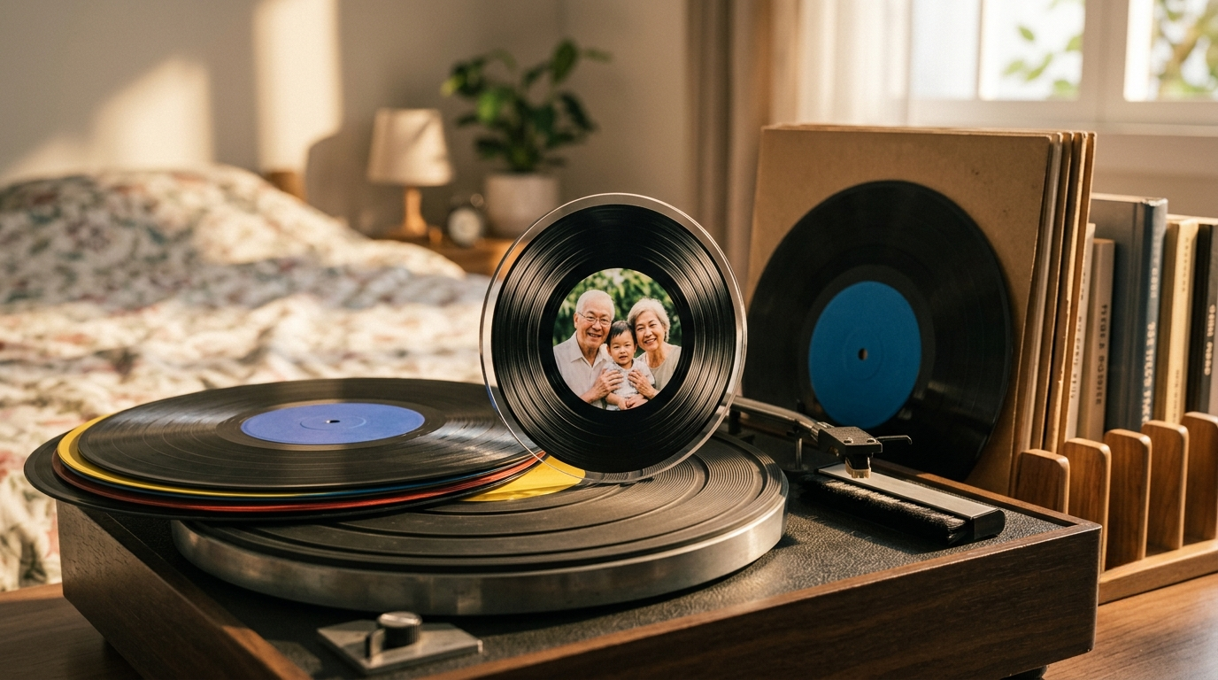 A small acrylic record-shaped photo plaque resting on a record player in warm afternoon light