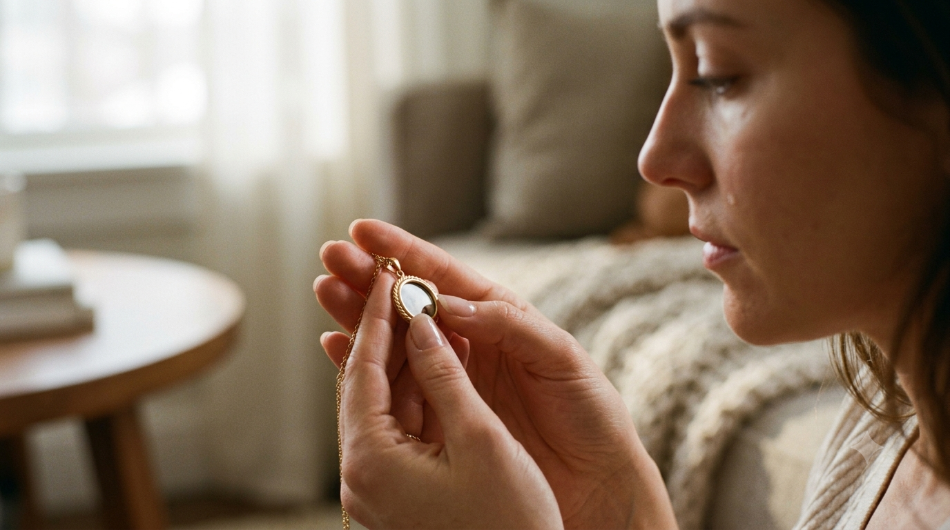 Close-up of hands holding a photo pendant in soft window light