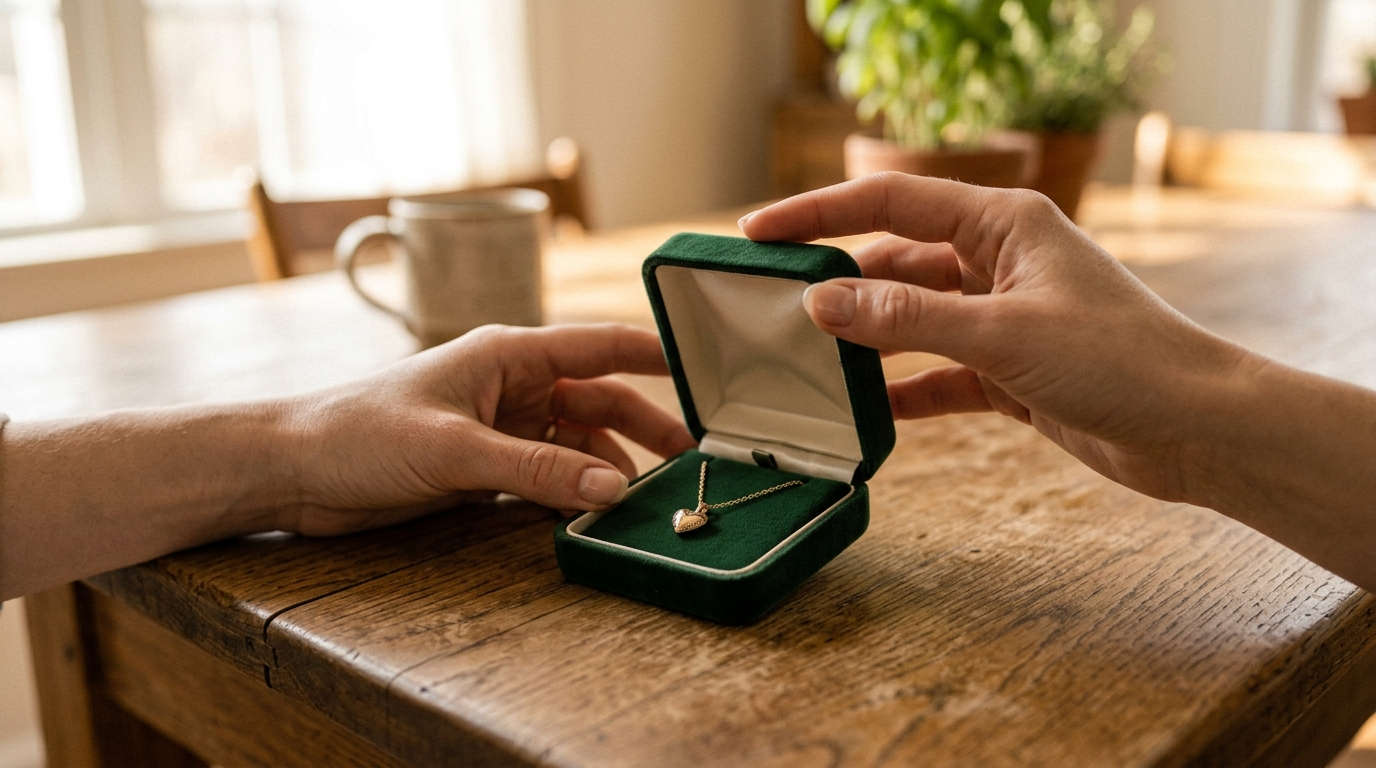Hands opening a jewelry box with a heart-shaped necklace on a wooden table