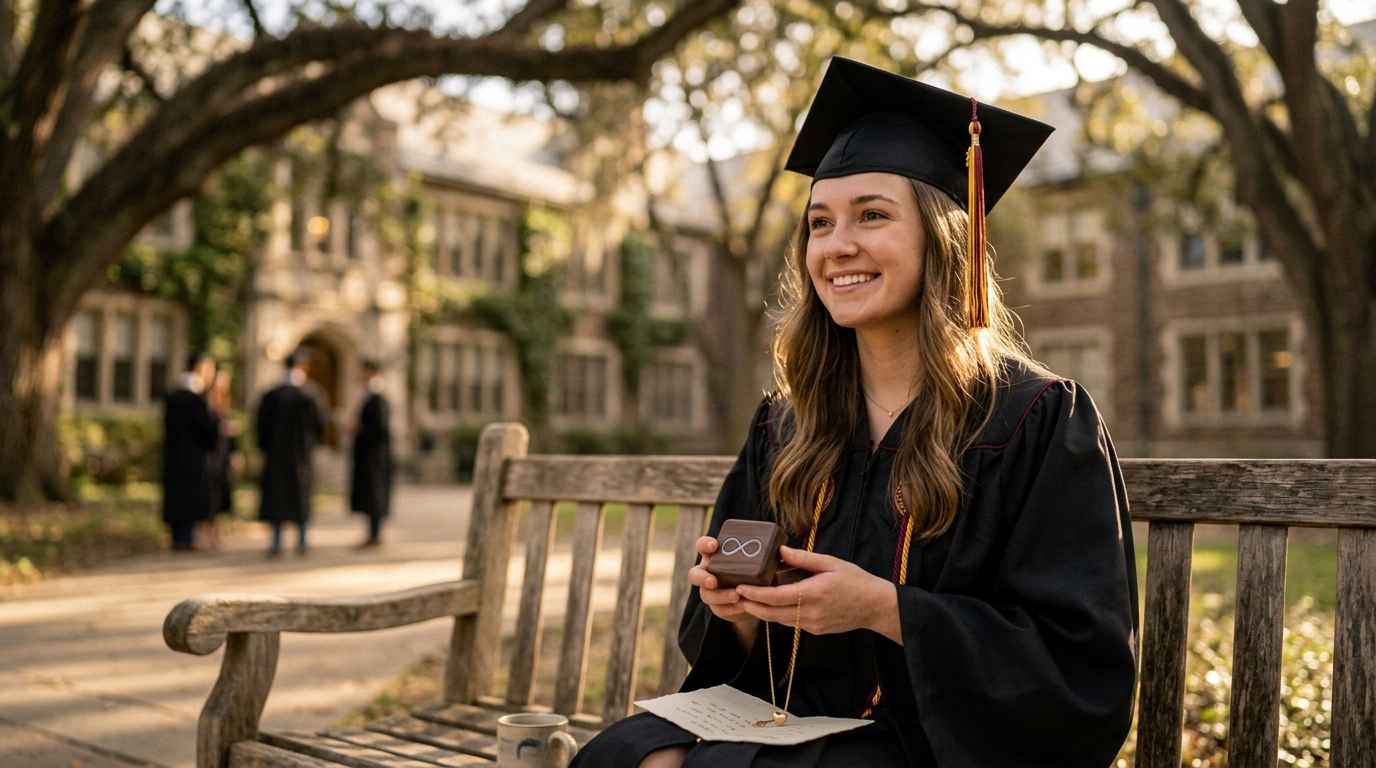 A graduate sitting on a campus bench holding a gift box in warm afternoon light
