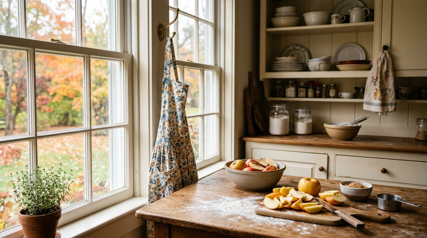 A home kitchen on a fall afternoon with apples on the counter and a floral apron hanging nearby