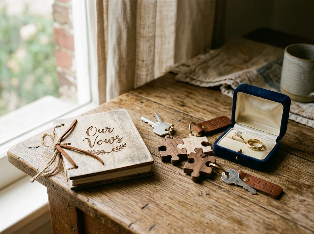 A wooden vow book and a pair of puzzle-piece keychains laid on a table beside a ring box