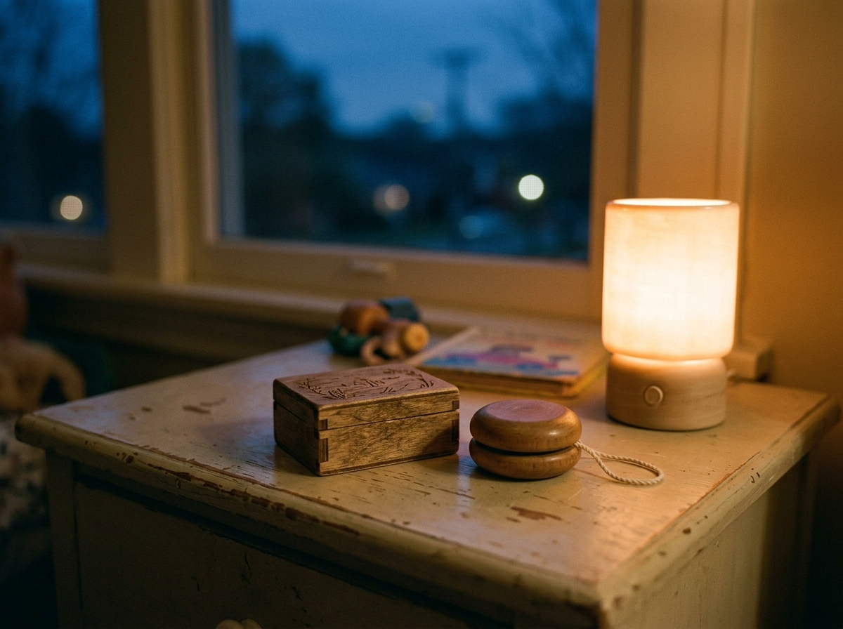 A small engraved wooden keepsake box and a wooden yoyo laid together on a child's nightstand