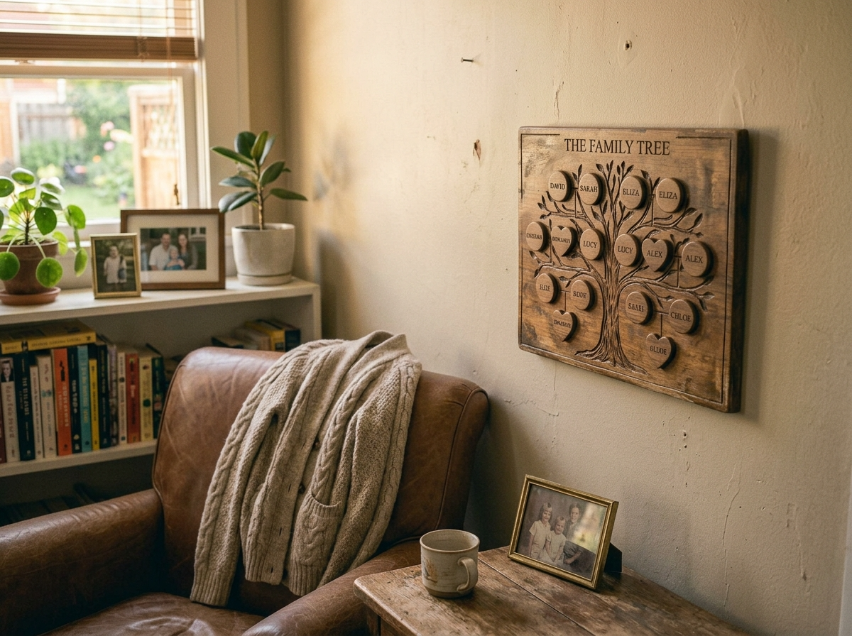 A carved wooden family tree plaque hanging on a living room wall beside an armchair