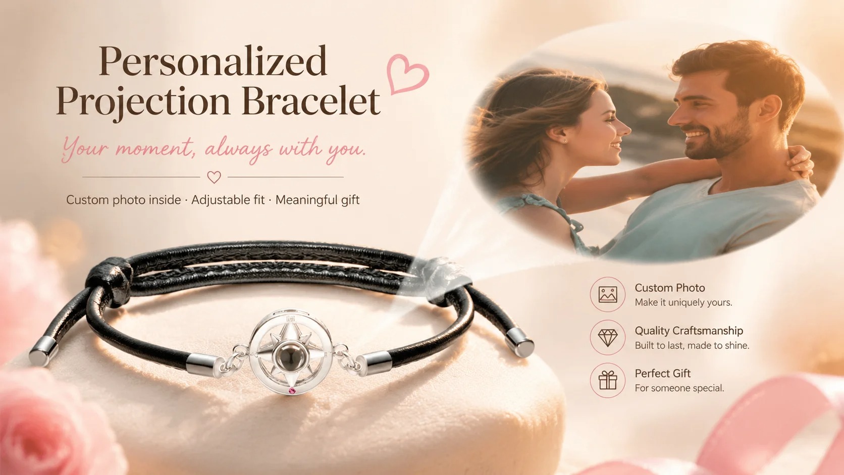 A black leather cord bracelet with a silver compass-star charm, projecting a small photo of a couple below it
