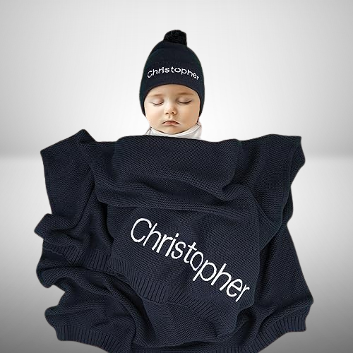 100% Organic Cotton Baby Blanket, Custom Name Design, Perfect for Newborn Baby Shower Gifts