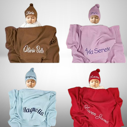 100% Organic Cotton Baby Blanket, Custom Name Design, Perfect for Newborn Baby Shower Gifts