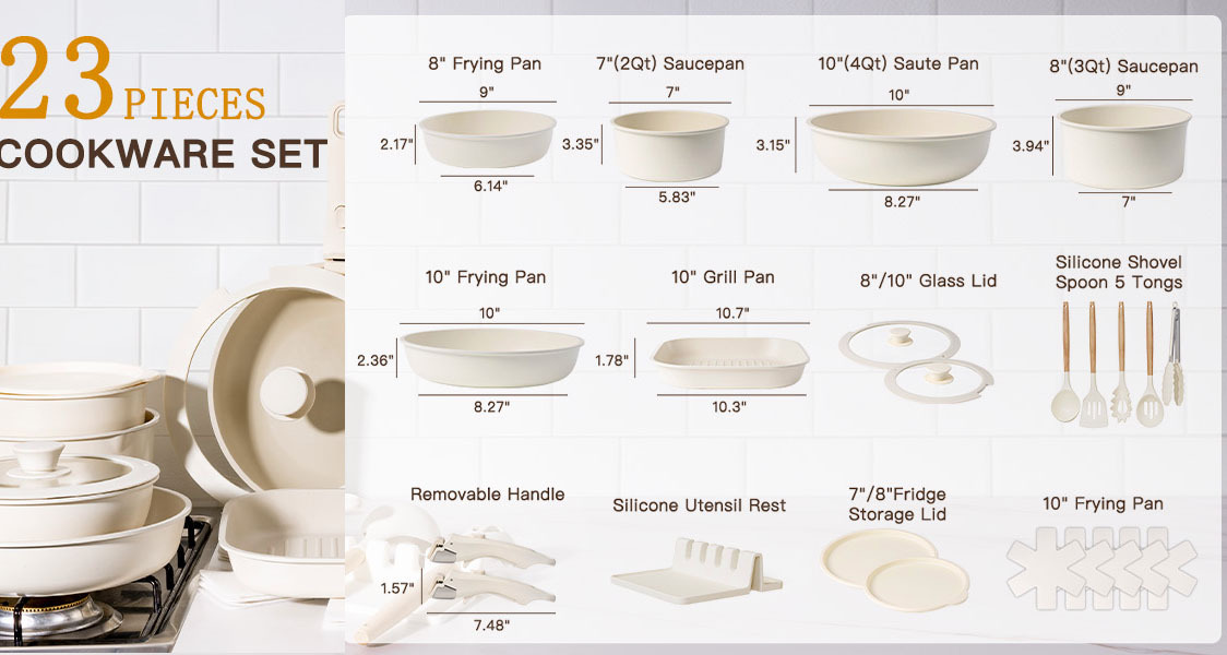 23 Pcs Pots and Pans Set Non Stick Ceramic Cookware Set Detachable Handle Healthy Non Stick for RV, Dishwasher ＆ Oven Safe Stackable Non-stick Set Cream White