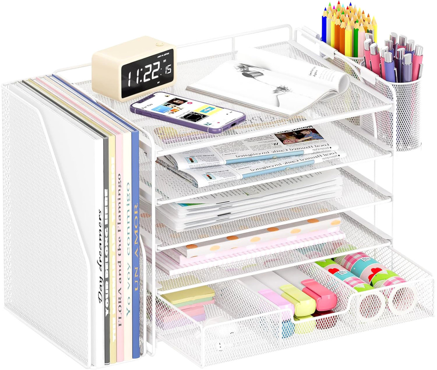 Desk Organizers and Accessories 5-Tier Paper File Organizer with Drawer & Pen Holder Simple Trending 5-Tier Desk File Organizer Office Desk Accessories  Workspace Desktop Organizer for Office Supplies