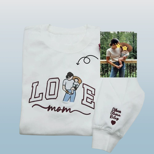 Mom & Kids Photo Sweatshirt – Custom Embroidered Personalized Love Design