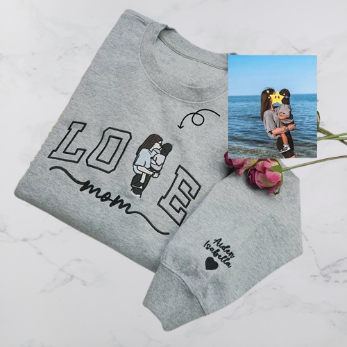 Mom & Kids Photo Sweatshirt – Custom Embroidered Personalized Love Design