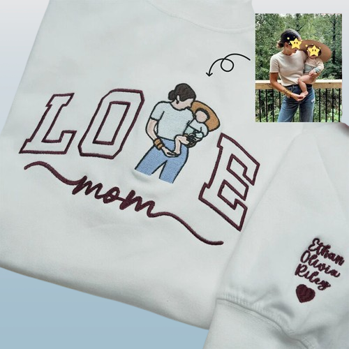 Mom & Kids Photo Sweatshirt – Custom Embroidered Personalized Love Design