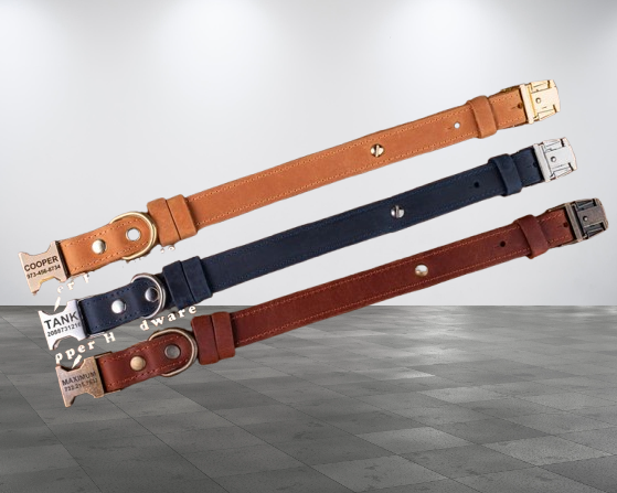 Handmade Genuine Leather Dog Collar, Custom Engraved Design for Pets