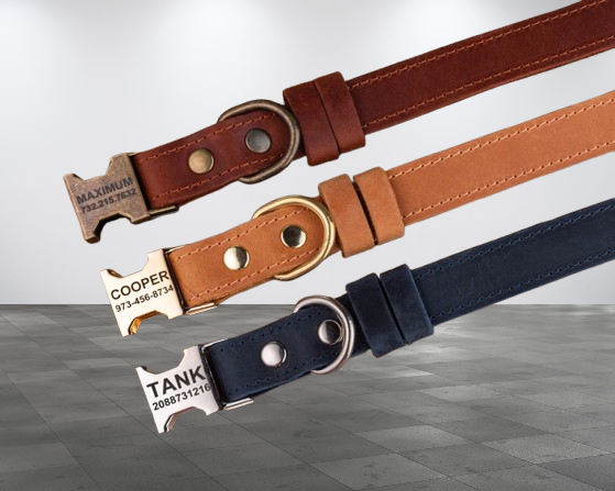 Handmade Genuine Leather Dog Collar, Custom Engraved Design for Pets