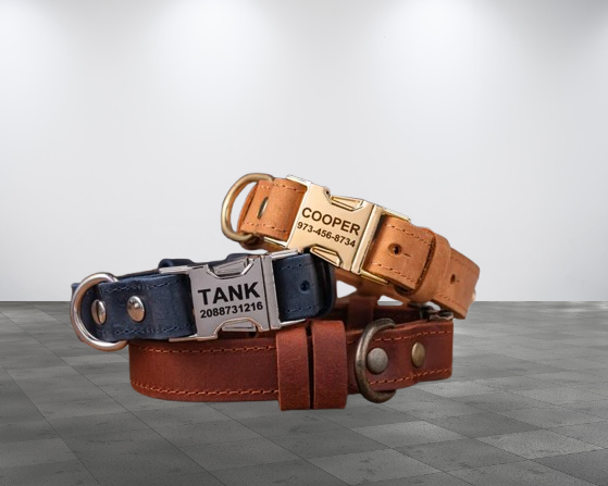 Handmade Genuine Leather Dog Collar, Custom Engraved Design for Pets