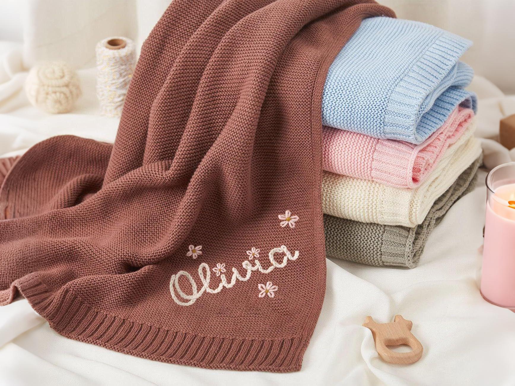 Personalized Knit Baby Blanket – Custom Embroidered Gift for Baby Shower, Birthday & Christmas