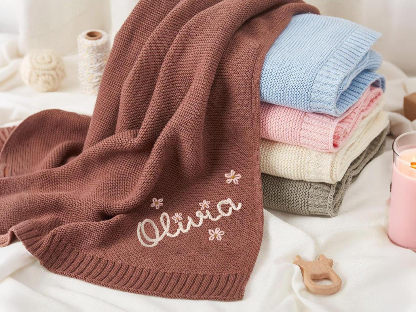 Personalized Knit Baby Blanket – Custom Embroidered Gift for Baby Shower, Birthday & Christmas