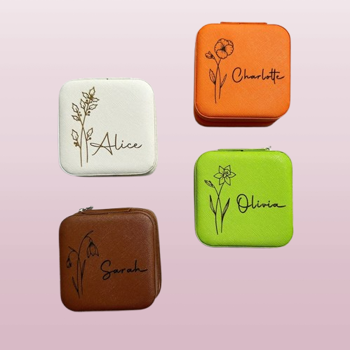 Engraved Birth Flower Jewelry Box, Travel-Friendly, Ideal for Birthday or Bridesmaid Gifts 
