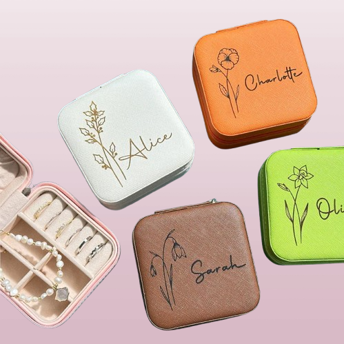 Engraved Birth Flower Jewelry Box, Travel-Friendly, Ideal for Birthday or Bridesmaid Gifts 