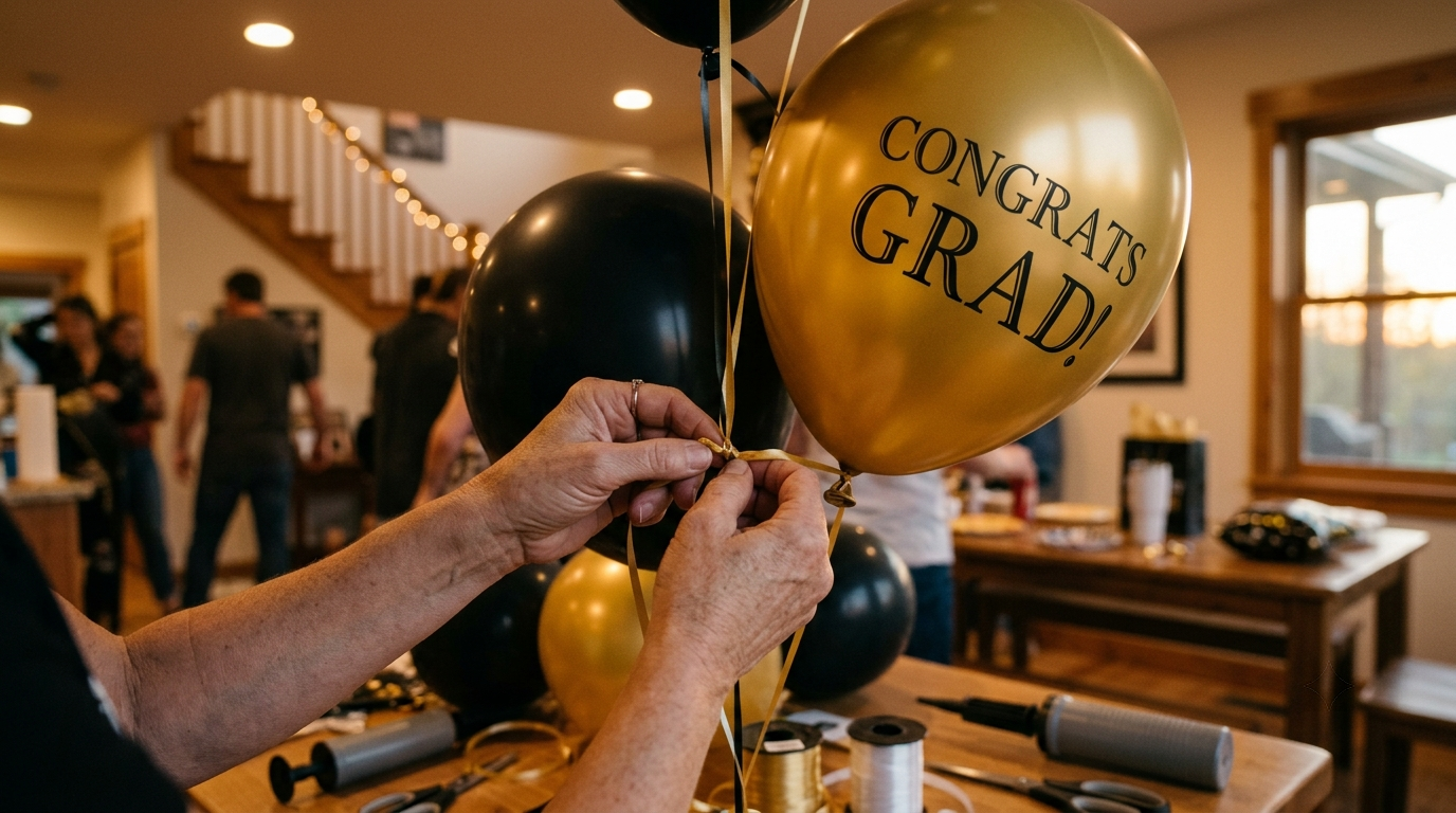 Close-up of gold and black graduation balloons being prepared