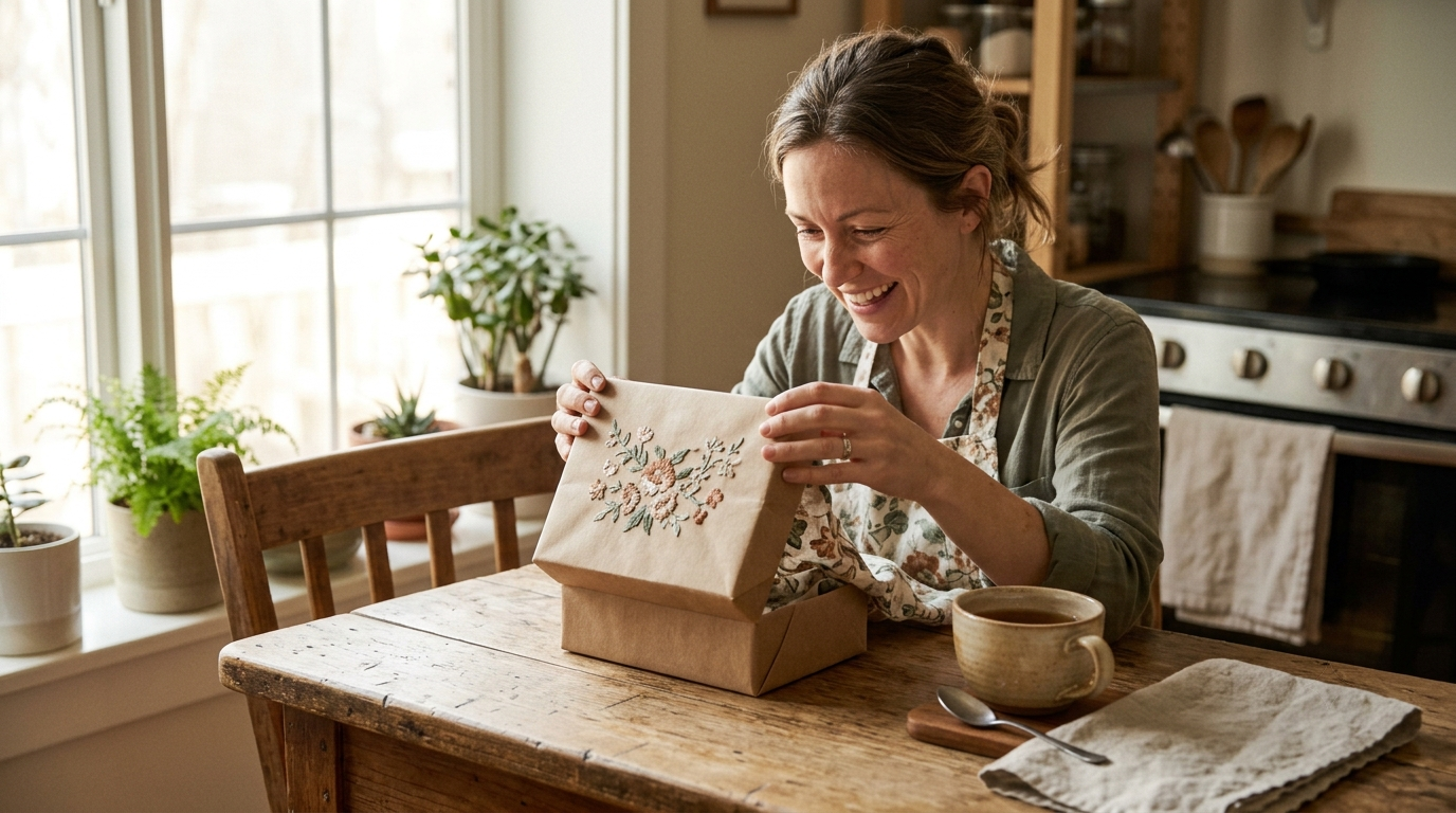 A woman opening a gift box with a floral apron in a warm kitchen