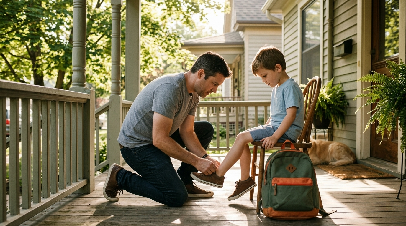 A dad tying his son's shoelaces on a sunny morning porch