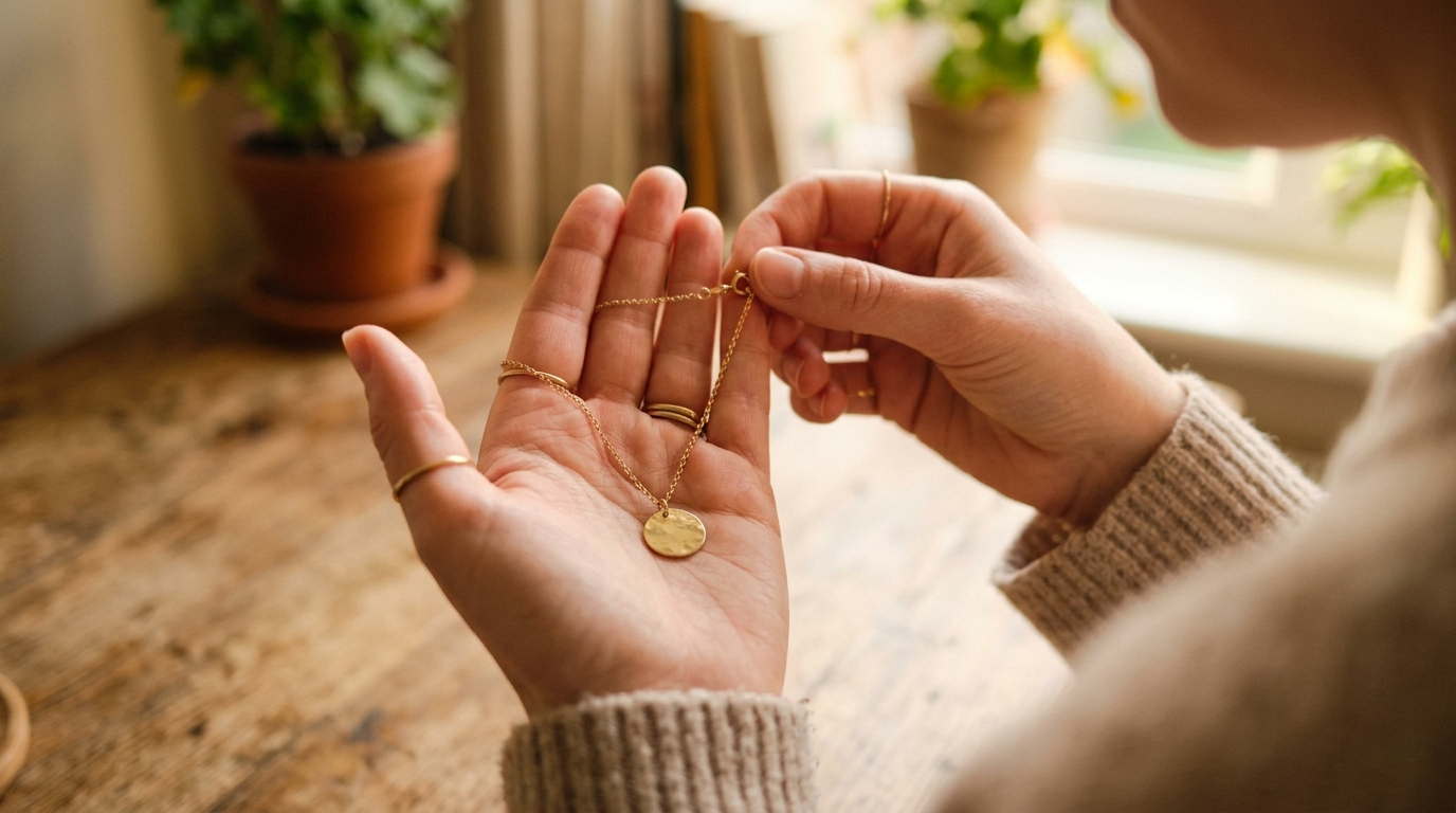 Hands holding a delicate personalized necklace pendant in soft window light