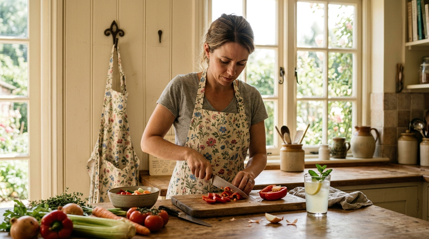 A person in a floral apron preparing food in a sunlit kitchen