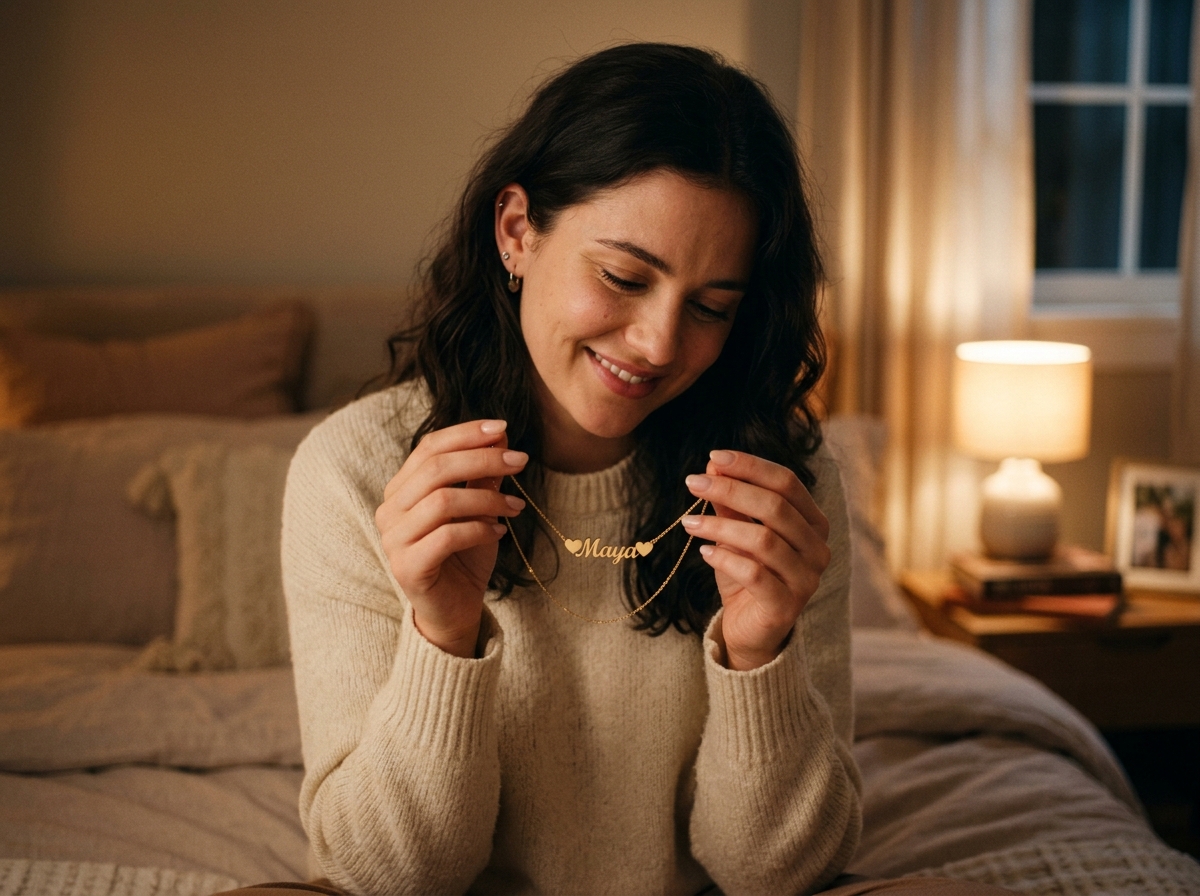 A woman holding a personalized name necklace with hearts in soft bedroom light