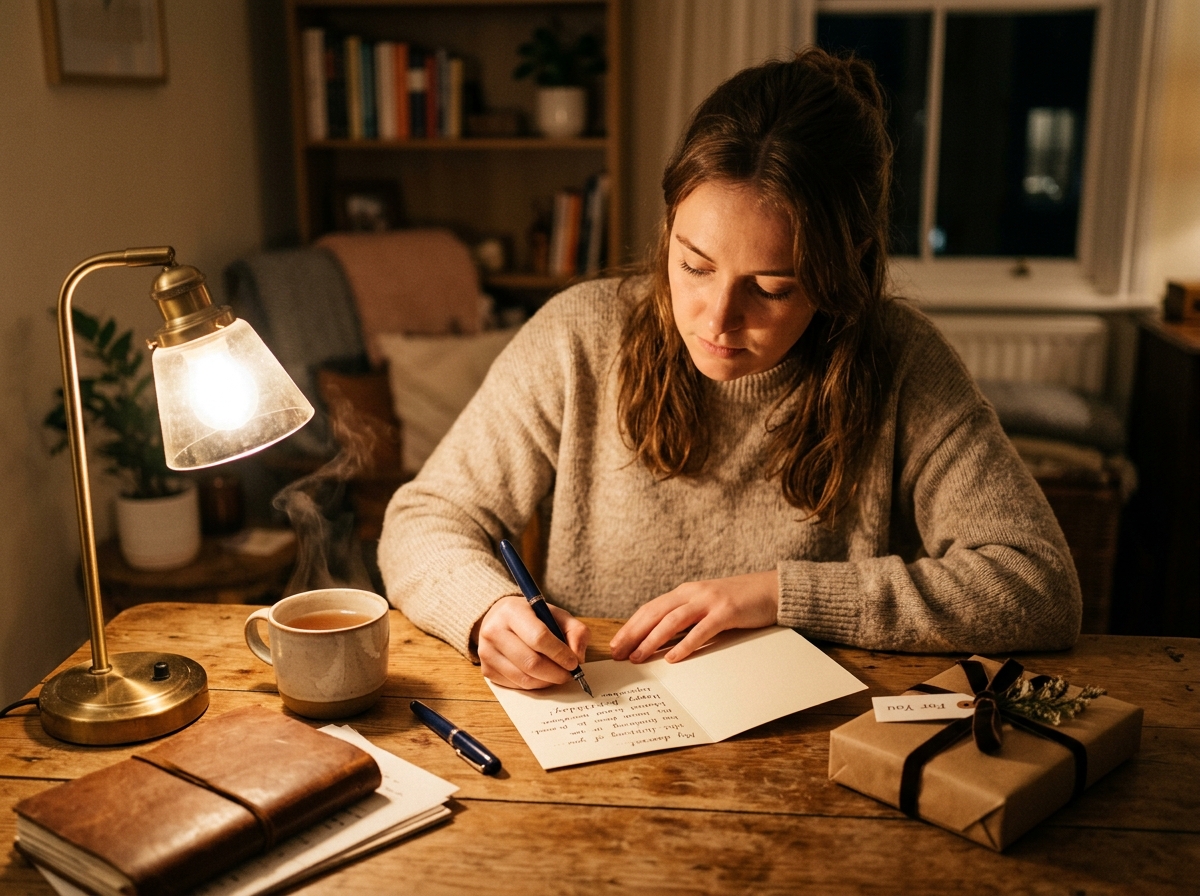 A person writing a handwritten card beside a wrapped gift at a wooden desk