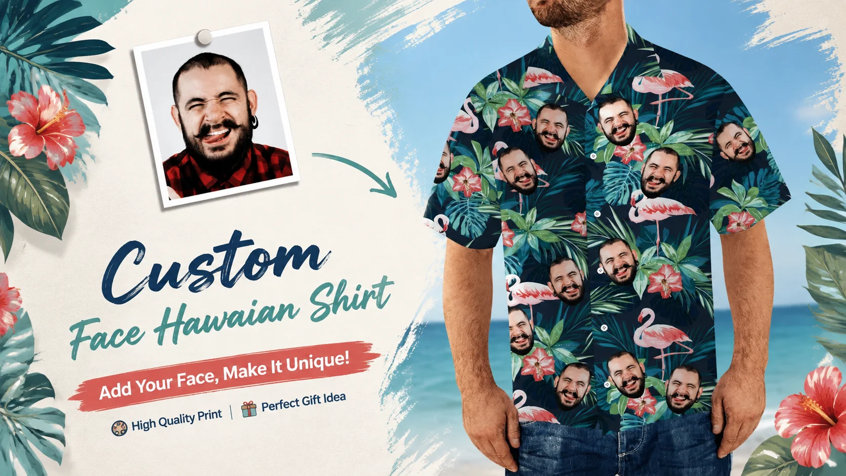 Close-up of a Hawaiian shirt with a man's laughing face repeated across the flamingo and flower print, next to the original reference photo