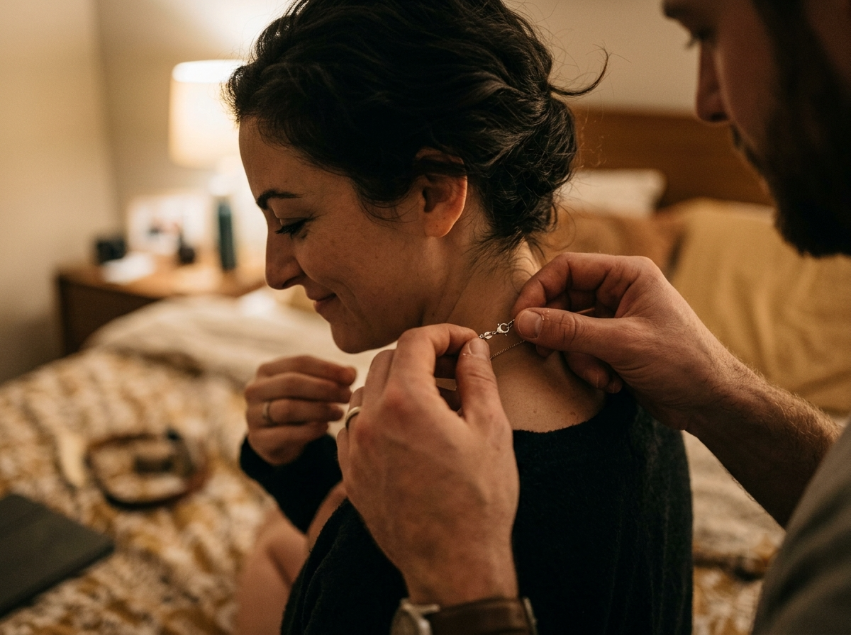 Close-up of someone fastening a necklace clasp around their partner's neck