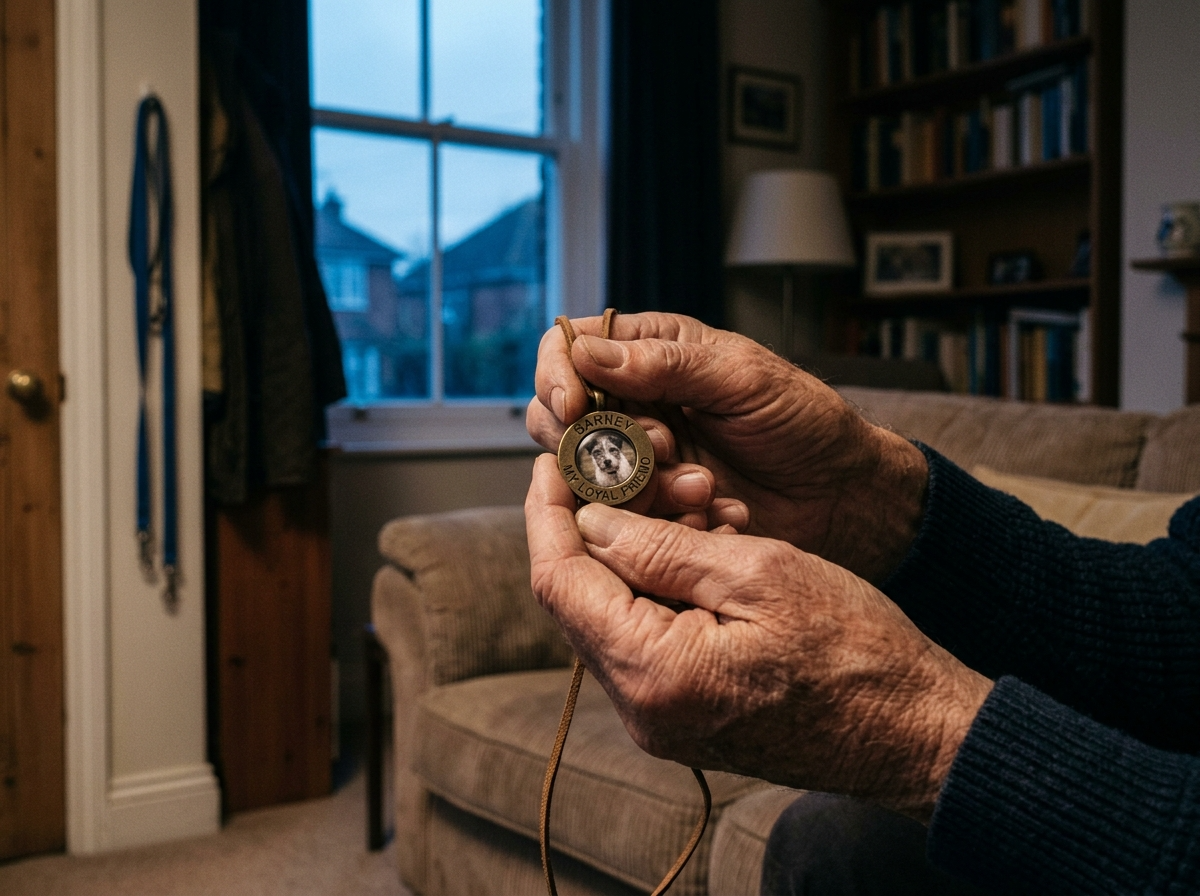 Close-up of hands holding a small engraved pendant with a pet's photo