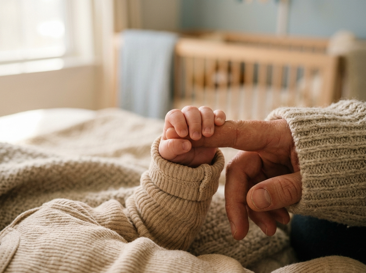 Close-up of a baby's hand gripping a parent's finger