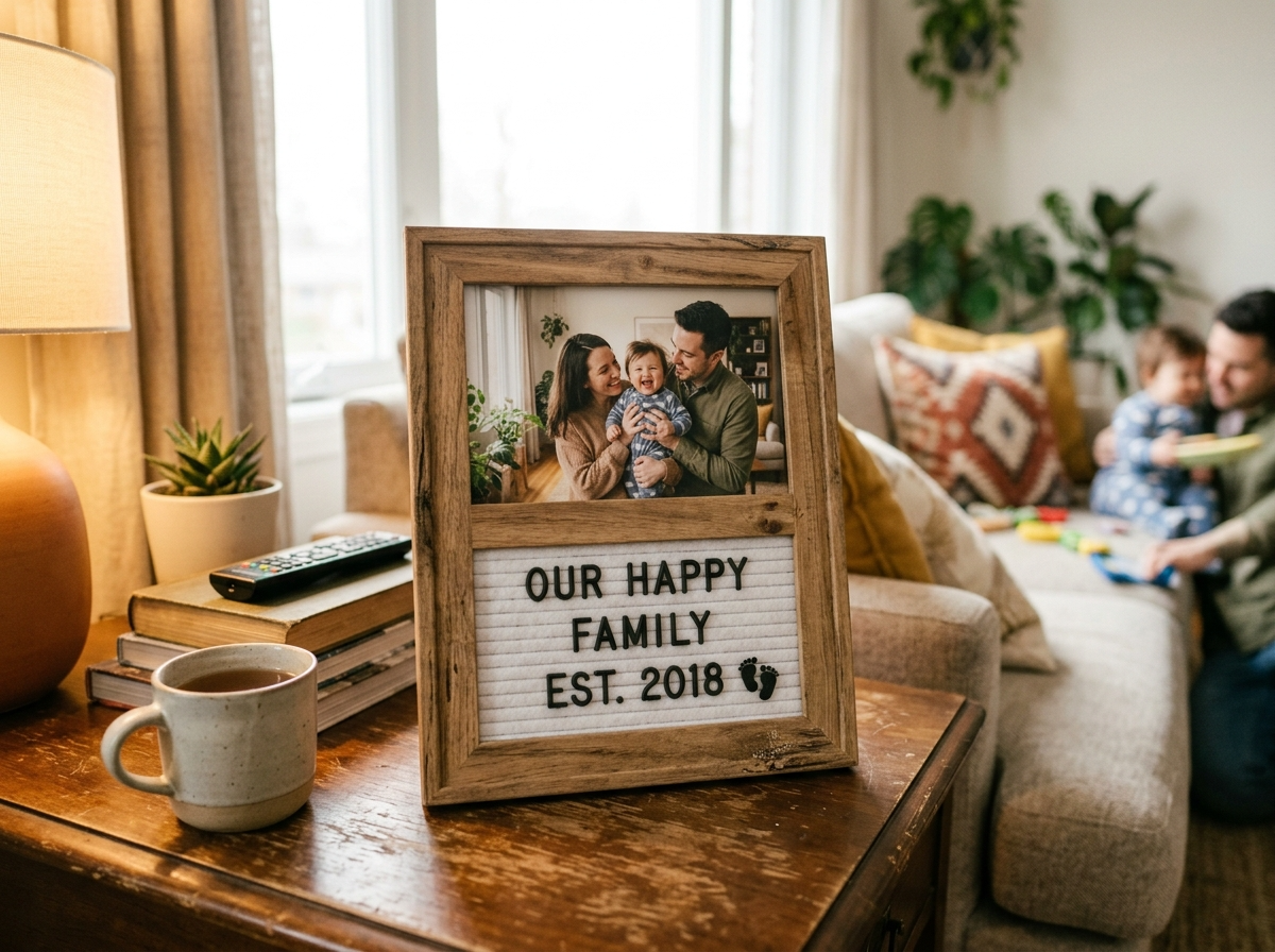 Close-up of a wooden photo frame with a small letter board and family photo