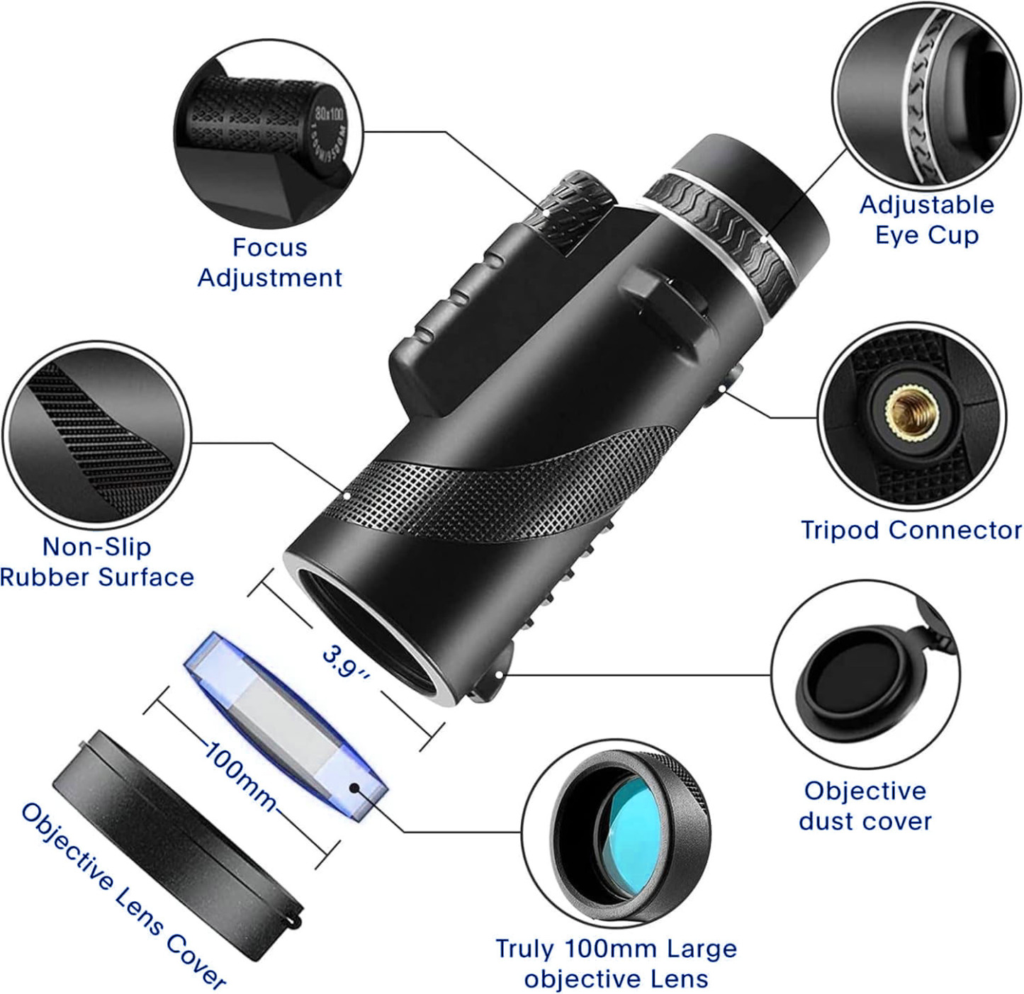 80x100 Monocular-Telescope  telescope for adults high powered Smartphone compatible For Stargazing Wildlife Bird  Travel  Camping  Hiking Anti-slip design